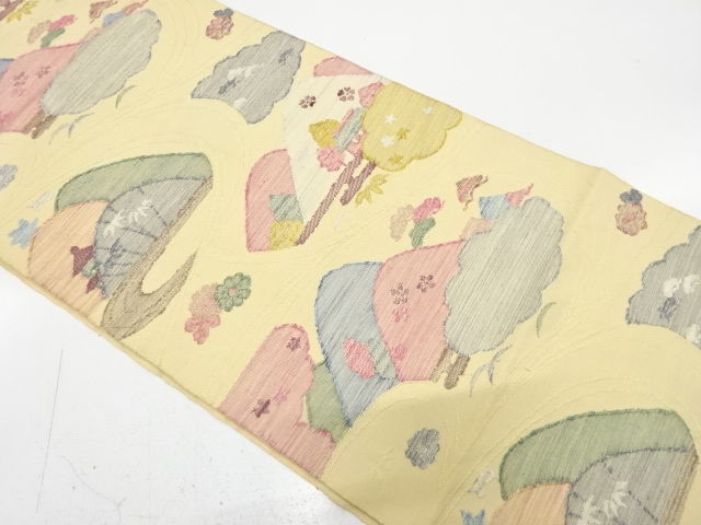 手織り紬　流水に遠山・屋敷模様織り出し　名古屋帯